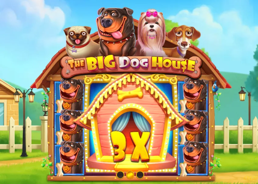 Слот The Big Dog House: огромный дикий символ 3X в центре поля и собаки на крыше будки