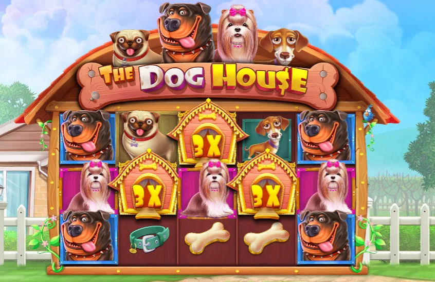 Слот The Dog House: четыре собаки на крыше будки и игровое поле с дикими символами 3X