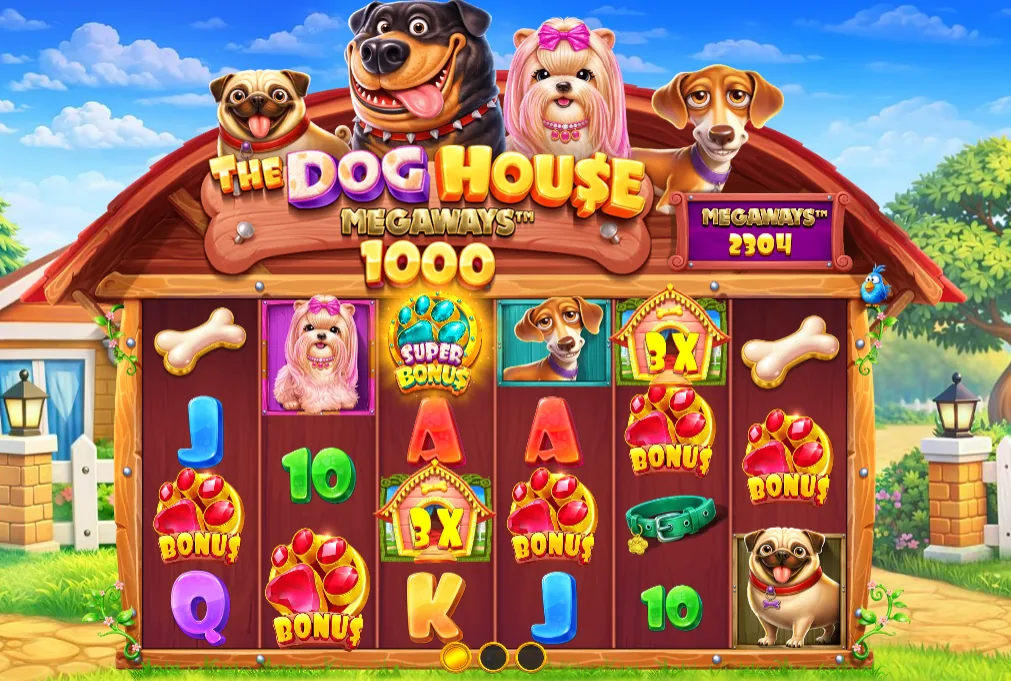 Слот The Dog House Megaways 1000: игровое поле с бонусными символами, дикими 3X и счётчиком Megaways
