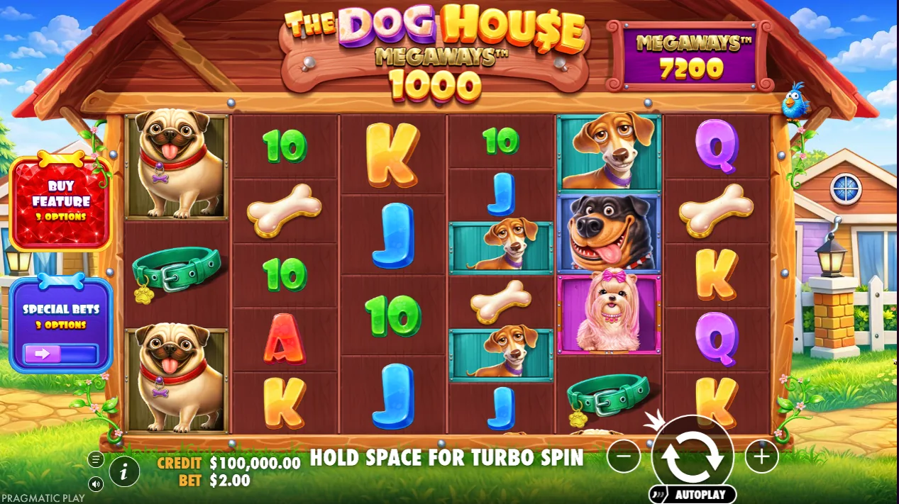 Игровое поле The Dog House Megaways 1000 с кнопками «Buy Feature» и «Special Bets»