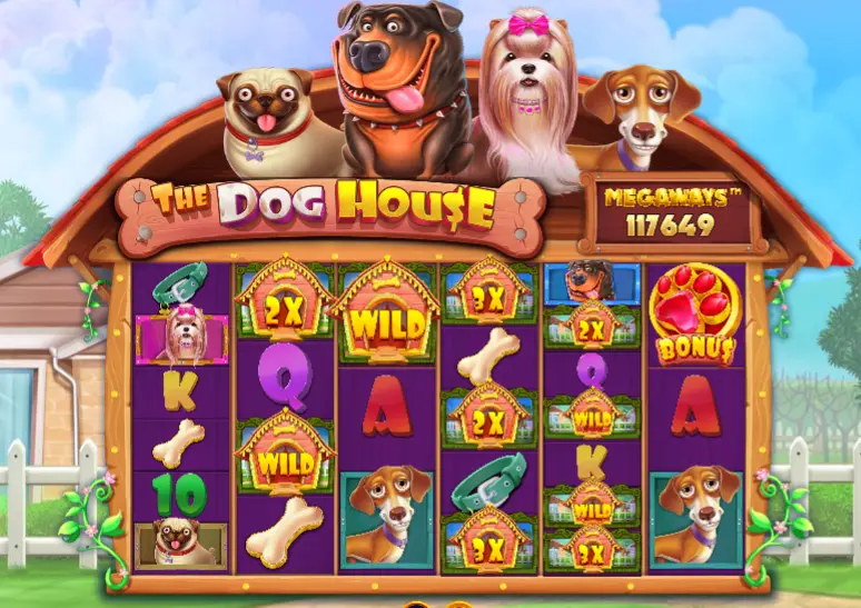 Слот The Dog House Megaways: три собаки перед будкой с гирляндой и логотип игры на кости