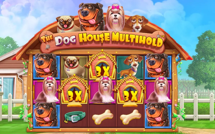 Слот The Dog House Multihold: поле 5×3 с дикими символами 3X под вывеской с названием игры