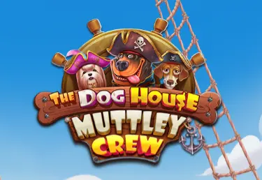 Слот The Dog House – Muttley Crew: логотип игры и три собаки-пирата у штурвала на фоне моря